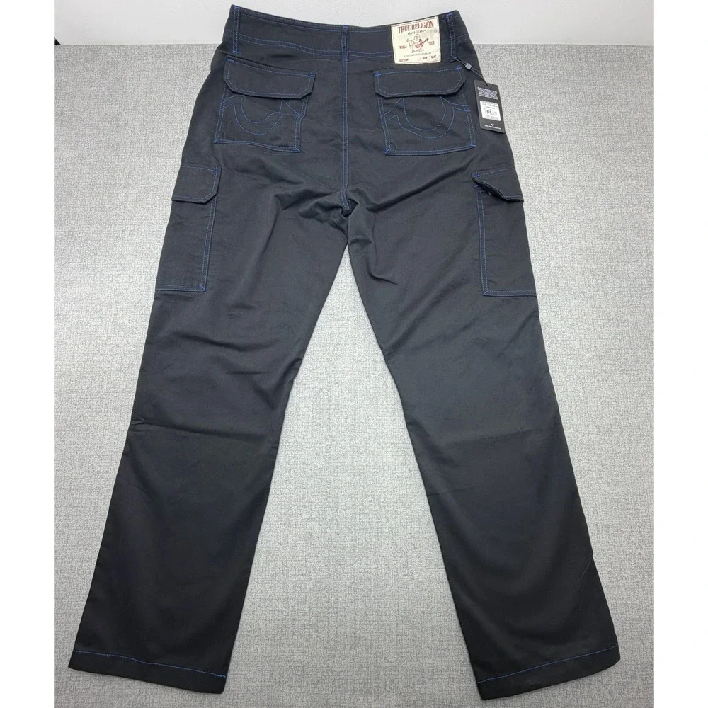 True Religion Mens Cargo Pants Black Pacific Blue Contrast Stitch Size 34 NEW